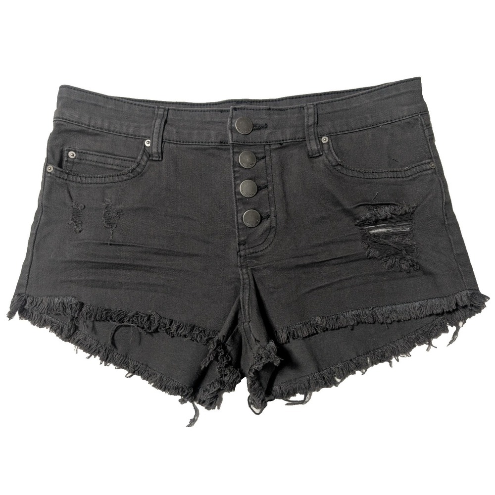 BILLABONG Button-Fly Raw Hem 2" Stretch‎ Denim Black Shorts - Women Size 26